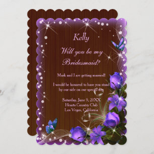 Rustic Dark Wood Purple Floral Bridesmaid Invitation