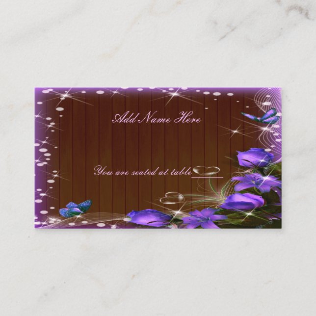 Rustic Dark Wood Purple Floral Butterfly Table Place Card (Front)