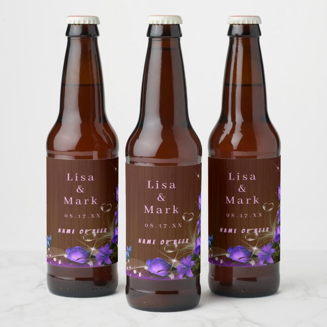 Rustic Dark Wood Purple Floral Butterfly Wedding Beer Bottle Label (Bottles)