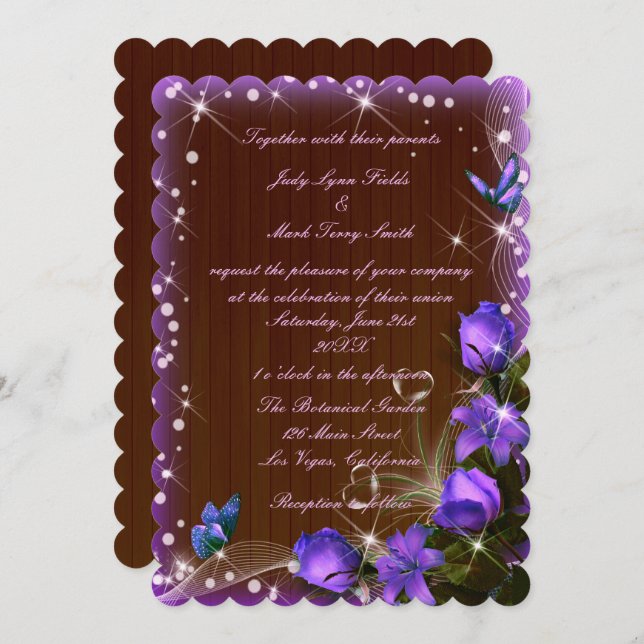 Rustic Dark Wood Purple Floral Butterfly Wedding Invitation (Front/Back)