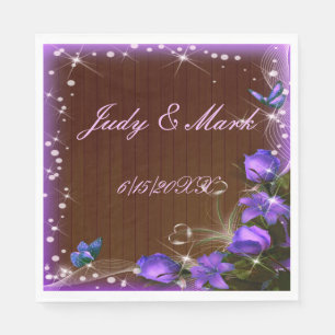 Rustic Dark Wood Purple Floral Butterfly Wedding Napkin