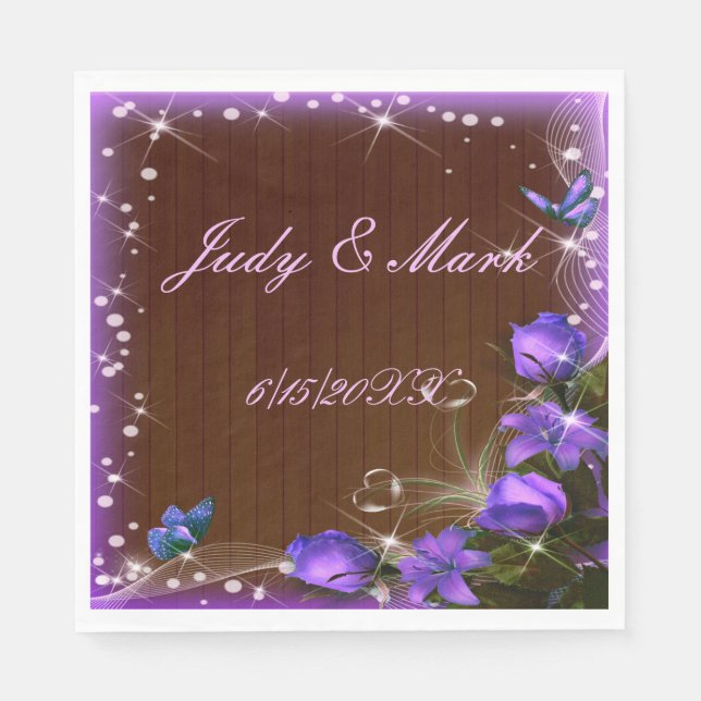 Rustic Dark Wood Purple Floral Butterfly Wedding Napkin (Front)