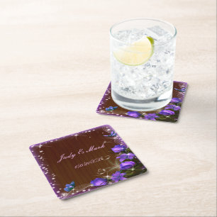 Rustic Dark Wood Purple Floral Butterfly Wedding Square Paper Coaster