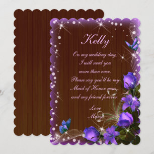 Rustic Dark Wood Purple Floral Maid Of Honour Invitation