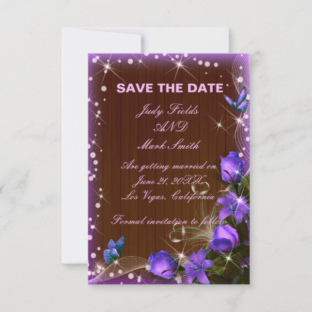 Rustic Dark Wood Purple Floral Save The Date Card (Front)