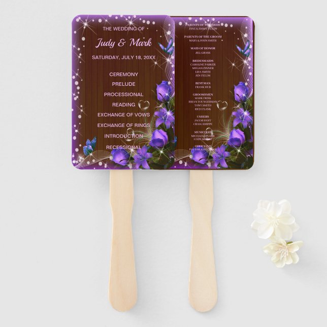 Rustic Dark Wood Purple Floral Wedding Program Hand Fan (Front and Back)
