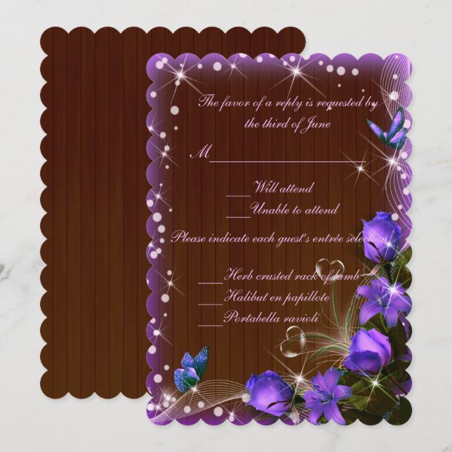 Rustic Dark Wood Purple Floral Wedding Response Invitation (Front/Back)