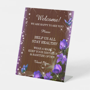 Rustic Dark Wood Purple Floral Wedding Safety Pedestal Sign