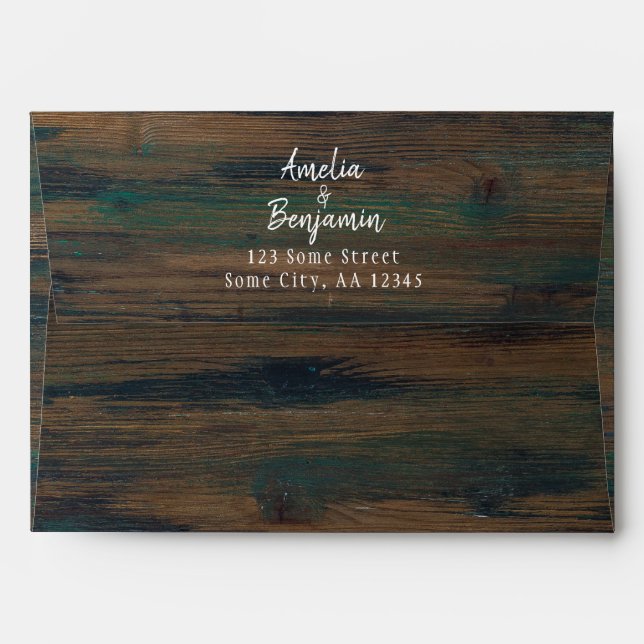 Rustic Dark Wood Script Return Address Wedding Envelope (Back (Top Flap))