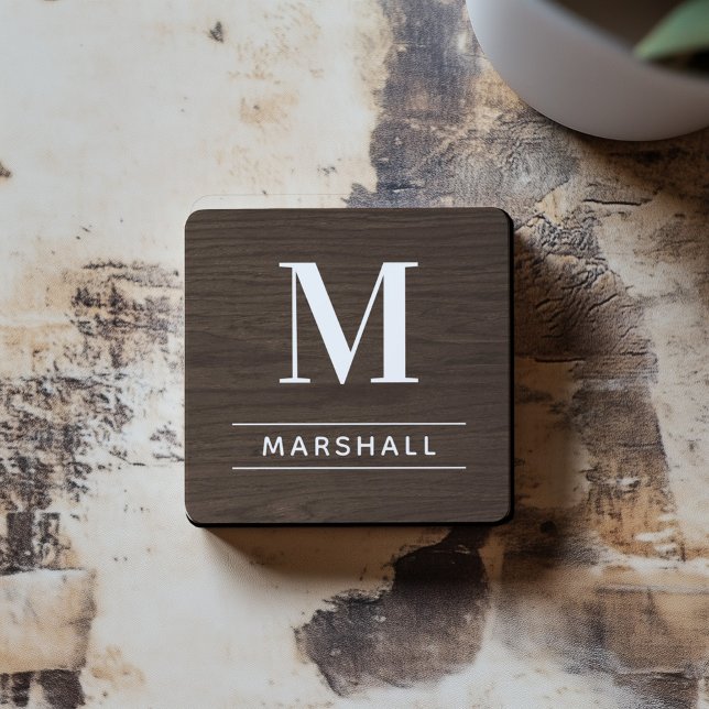 Rustic Dark Wood Serif Monogram Name Coaster (Creator Uploaded)