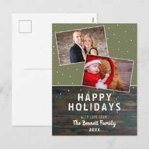 Rustic Dark Wood Snow Holiday 2 Photo Collage Postcard