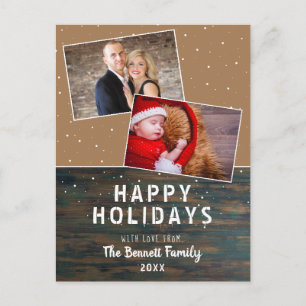 Rustic Dark Wood Snow Holiday 2 Photo Postcard