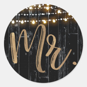 Rustic Dark Wood & String Lights Gold Bride MR. Classic Round Sticker