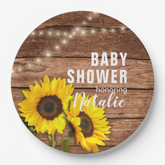 Rustic Dark Wood Sunflower Lights Baby Shower Paper Plate (Front)