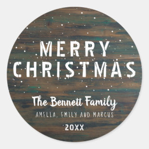 Rustic Dark Wood Typography Merry Christmas Classic Round Sticker