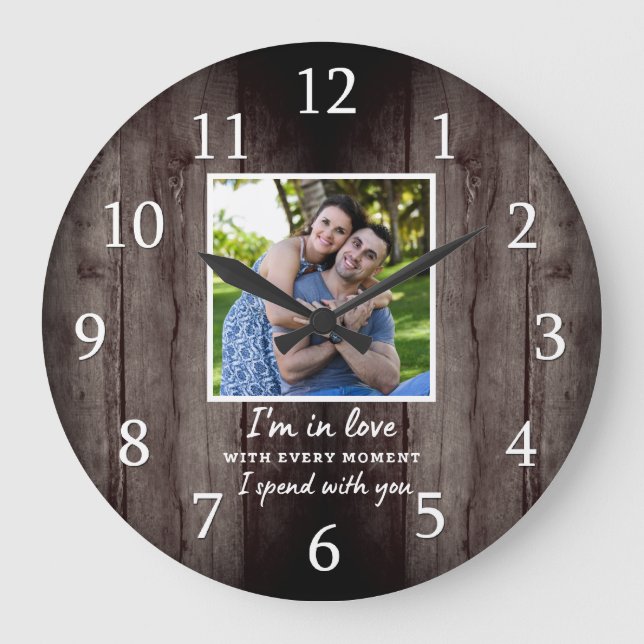 Rustic Dark Wood Wedding Anniversary Love Photo   Large Clock (Front)