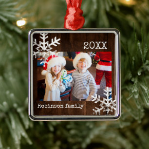 Rustic Dark Wood Winter Snowflake Photo Metal Tree Decoration
