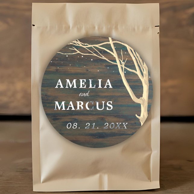 Rustic Dark Wood Winter Tree White Script Wedding Classic Round Sticker (Creator Uploaded)