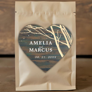 Rustic Dark Wood Winter Tree White Script Wedding Heart Sticker