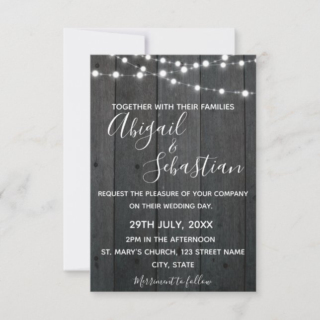 Rustic Dark Wood, with String Lights. Invitation (Front)