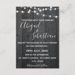 Rustic Dark Wood, with String Lights. Invitation