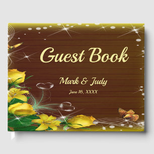 Rustic Dark Wood Yellow Floral Butterfly Wedding Guest Book