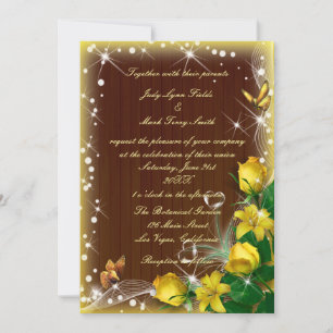 Rustic Dark Wood Yellow Floral Butterfly Wedding Invitation