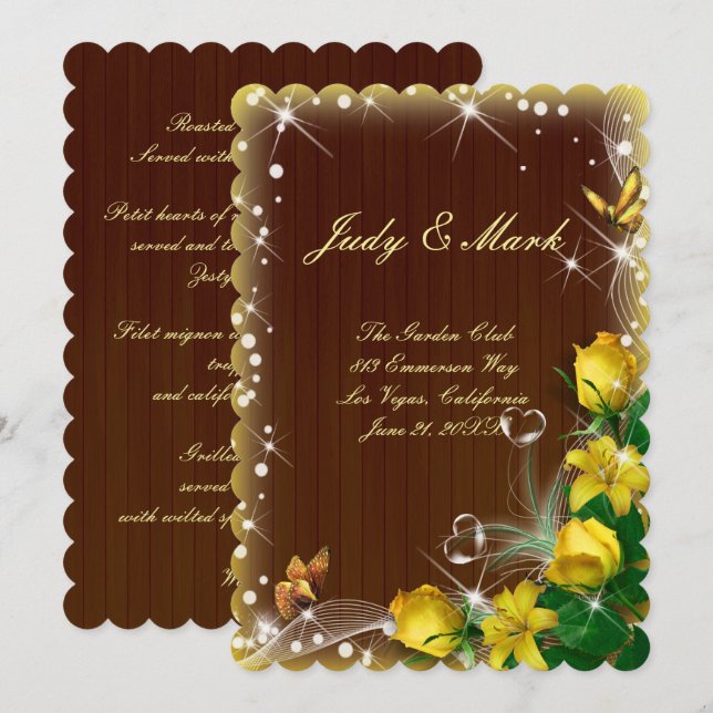 Rustic Dark Wood Yellow Floral Butterfly Wedding Invitation (Front/Back)