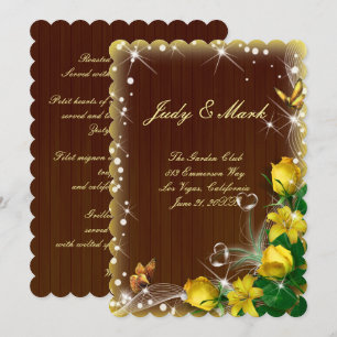 Rustic Dark Wood Yellow Floral Butterfly Wedding Invitation