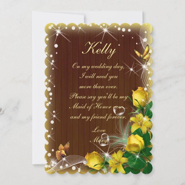 Rustic Dark Wood Yellow Floral Maid Of Honour Invitation (Front)