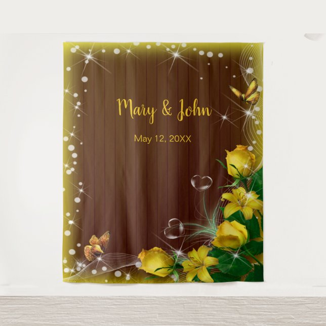 Rustic Dark Wood Yellow Floral Wedding Backdrop Tapestry (Front)