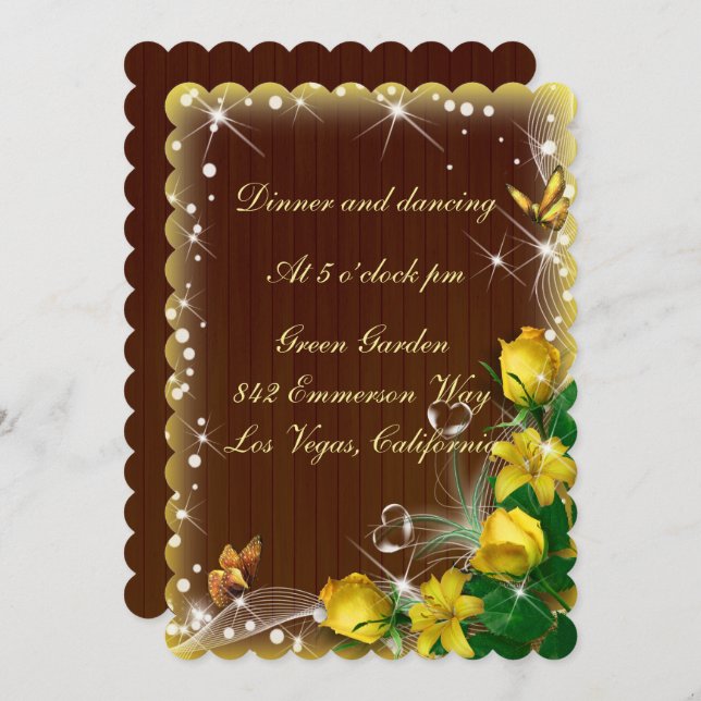 Rustic Dark Wood Yellow Floral Wedding Reception Invitation (Front/Back)