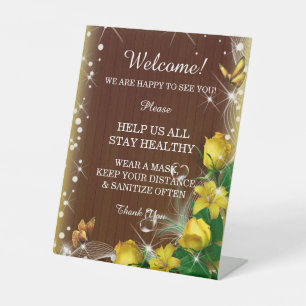 Rustic Dark Wood Yellow Floral Wedding Safety Pedestal Sign