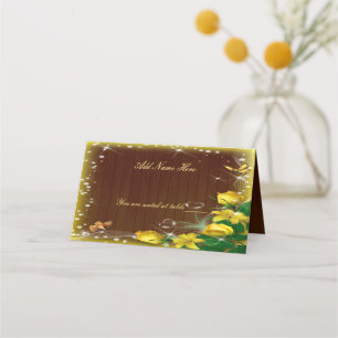 Rustic Dark Wood Yellow Floral Wedding Table Place Card