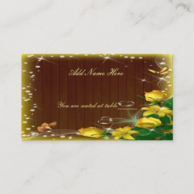 Rustic Dark Wood Yellow Floral Wedding Table Place Card (Front)