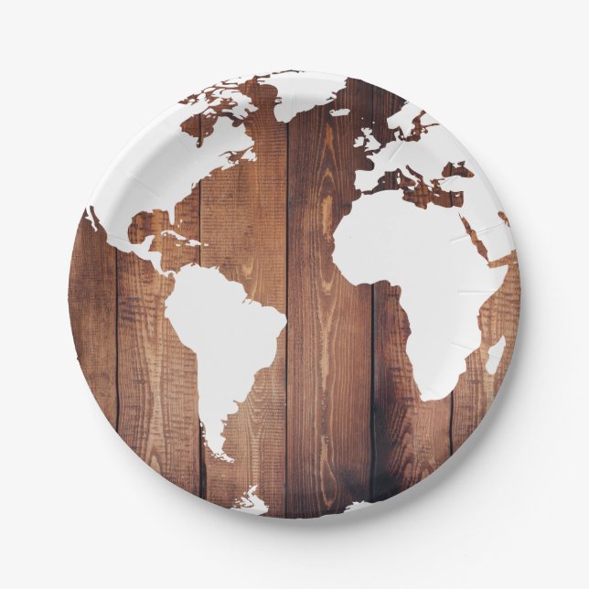 Rustic Dark Wooden Planks & White World Map Paper Plate (Front)