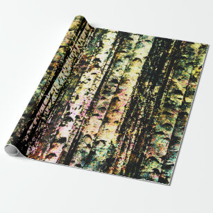 Rustic Dark Yellow Green Birch Trees Wrapping Paper