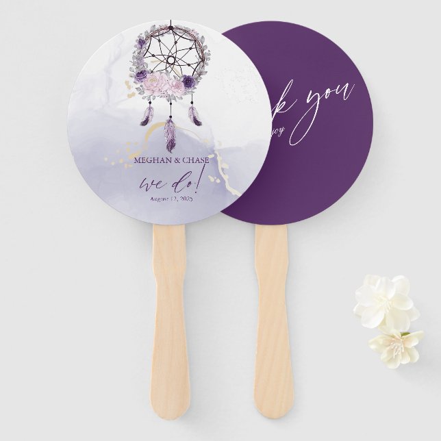 Rustic Deep Purple Floral Dream Catcher Hand Fan (Front and Back)