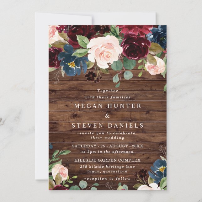 Rustic Deep Red Wine Burgundy Blush Navy Wedding Invitation (Front)