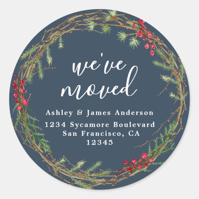 Rustic Deep Teal Wreath We’ve Moved Address Classic Round Sticker (Front)