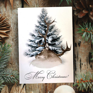 Rustic Deer And Evergreen Custom Merry Christmas Holiday Card