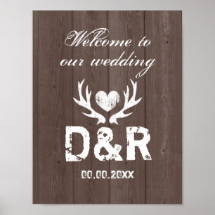 Rustic deer antler barn wood grain wedding posters