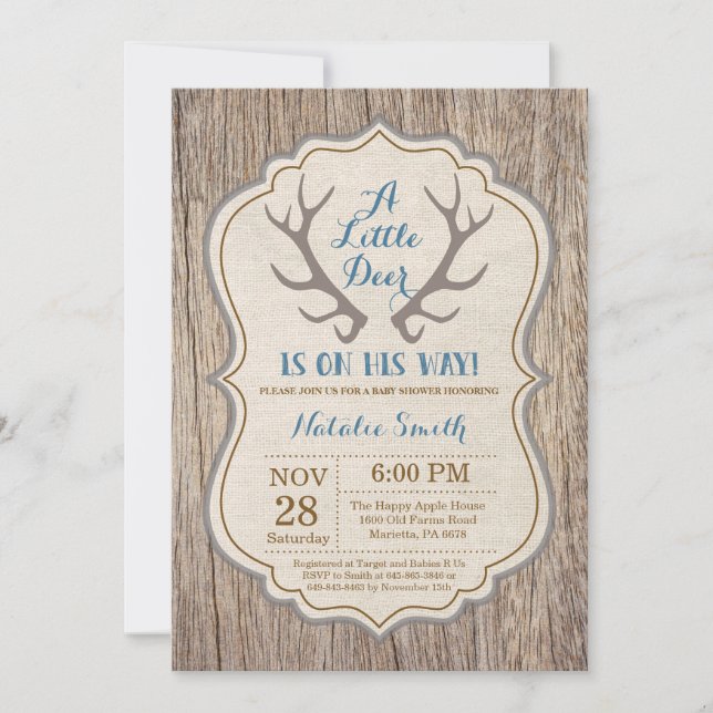 Rustic Deer Antler Blue Boy Baby Shower Invitation (Front)