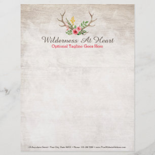 Rustic Deer Antler Bohemian Floral Watercolor Wood Custom Letterhead