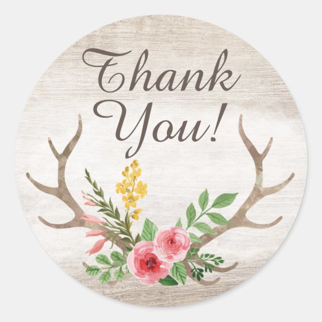 Rustic Deer Antler Bohemian Floral Wood Thank You Classic Round Sticker (Front)