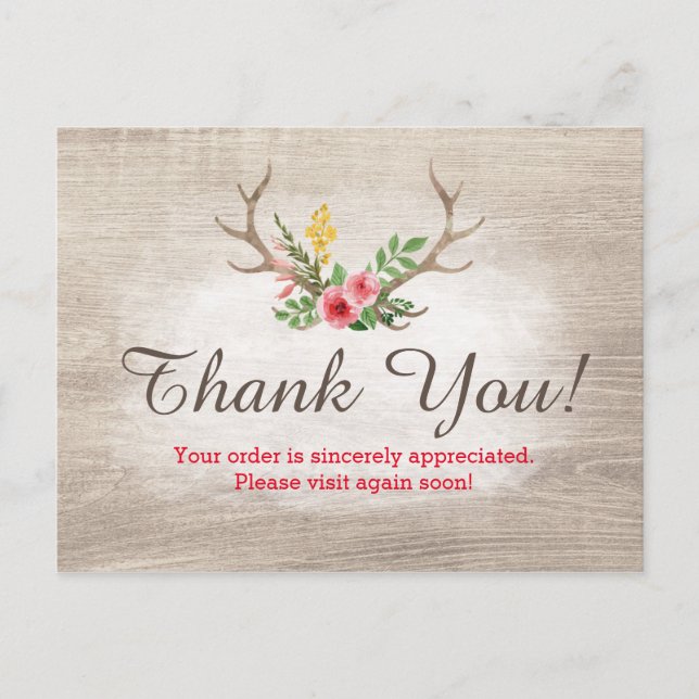Rustic Deer Antler Bohemian Floral Wood Thank You Postcard (Front)