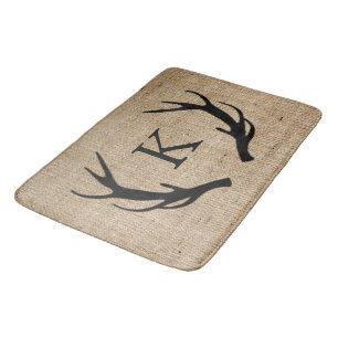 Rustic Deer Antler Faux Burlap Monogram Bath Mat