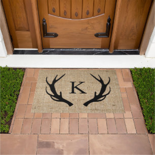 Rustic Deer Antler Faux Burlap Monogram Doormat