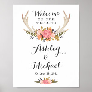 Rustic Deer Antler Floral Wedding Reception Sign