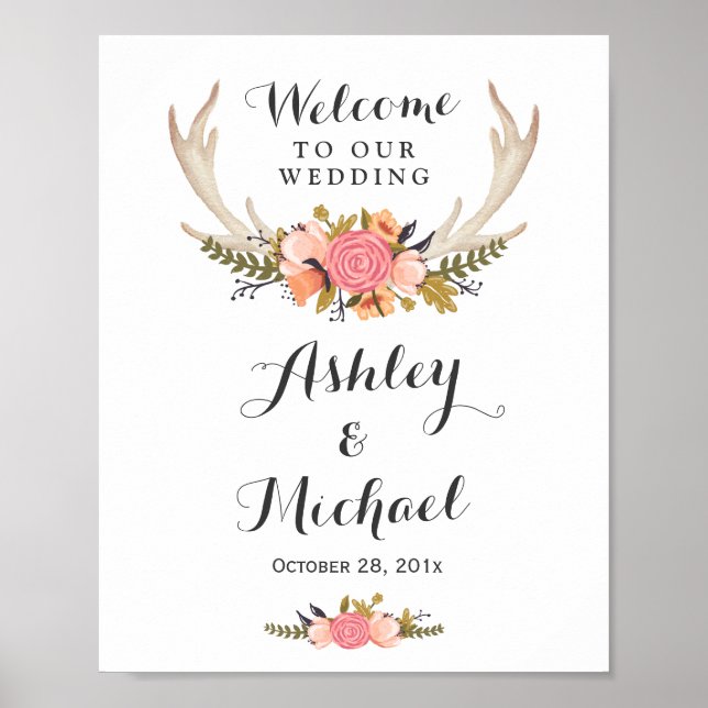Rustic Deer Antler Floral Wedding Reception Sign (Front)